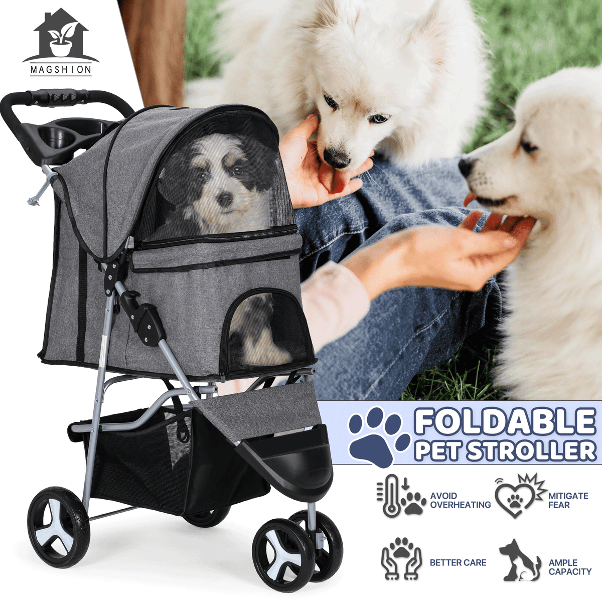 Pet Stroller with Storage Basket and Cup Holder, Magshion Three-Wheel Foldable Pushchair for Small and Medium Dogs and Cats, 14 Color and Pattern Options