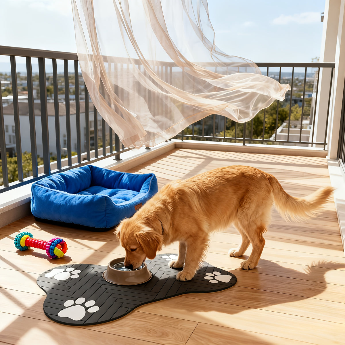 Dog Bowl Mat with Rubber Backing, Absorbent Non-Slip Pet Feeding Pad for Cat and Dog Food and Water Bowls, Two Sizes and Three Footprint Styles
