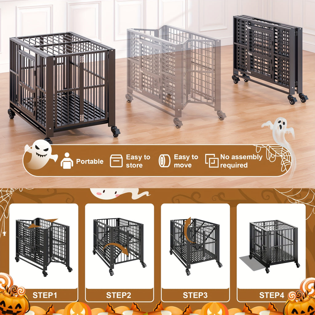 Folding Heavy Duty Dog Crate with Lockable Wheels, Double Door Pet Kennel in 38 or 43 Inch Models for Home Containment and Supervised Use