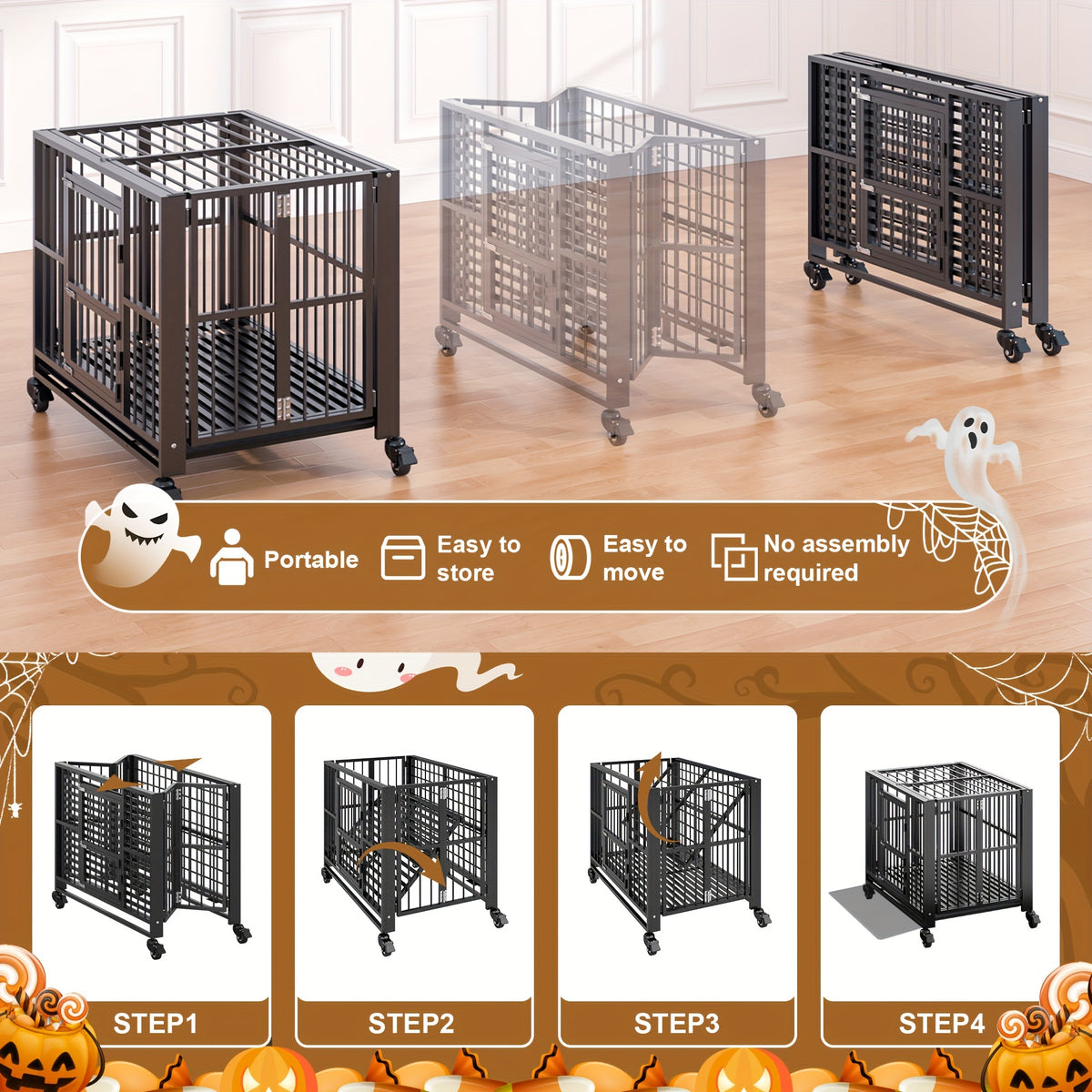 Folding Heavy Duty Dog Crate with Lockable Wheels, Double Door Pet Kennel in 38 or 43 Inch Models for Home Containment and Supervised Use