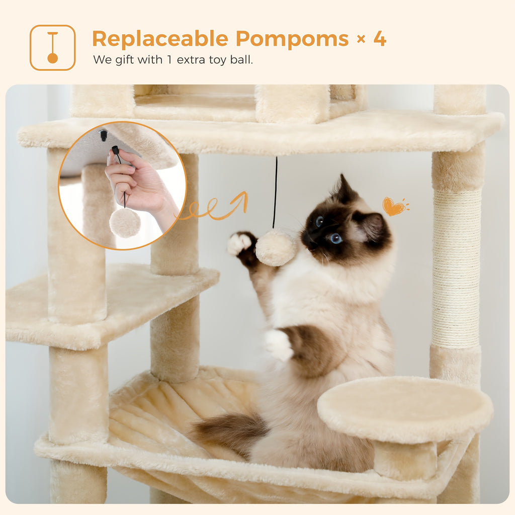 Cat Tree with Eight Levels, 72 Inch Indoor Cat Tower with Spacious Condo, Sisal Scratching Posts, Padded Perches and Basket for Rest and Play