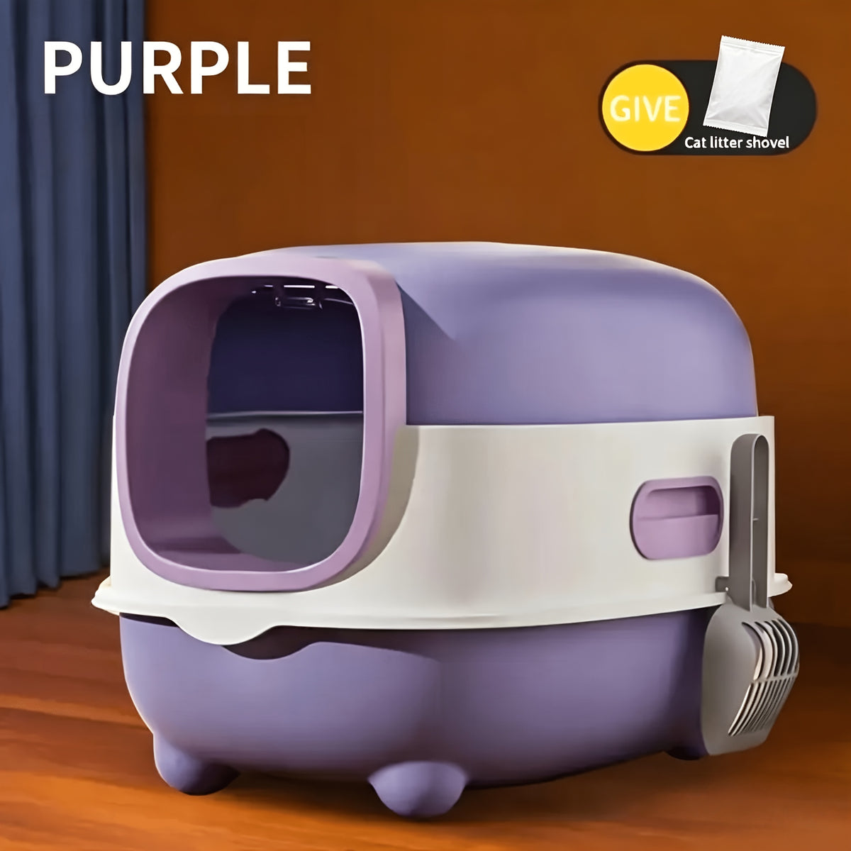 Cat Litter Box with Full Cover and Scoop, Spill-Reducing Enclosed Kitty Toilet in Gray or Blue for Indoor Potty Routines and Easy Daily Cleanup