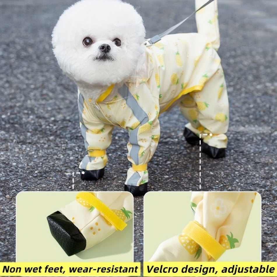 Dog Raincoat with Four-Leg Coverage, Reflective Strip, Extended Brim & Snap Closure for Rainy Walks, Pink Strawberry or Yellow Pineapple