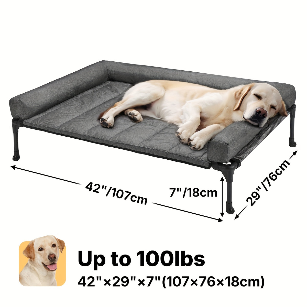Elevated Dog Bed with Removable Pillow-Top Mat, Three-Sided Bolster Pet Cot with Breathable Teslin Mesh, Steel Frame and Non-Slip Feet in Four Sizes