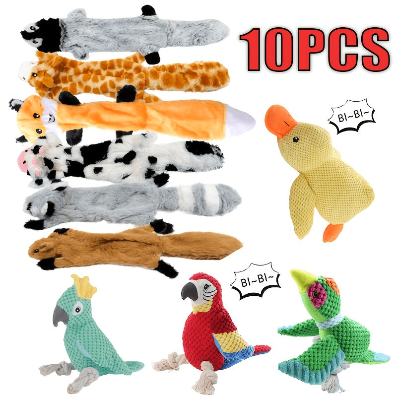 No Stuffing Dog Toys, 10 or 20 Pack Random Animal Plush Set with Crinkle and Squeaky Sounds for Supervised Indoor Play and Dog Birthday Gifts