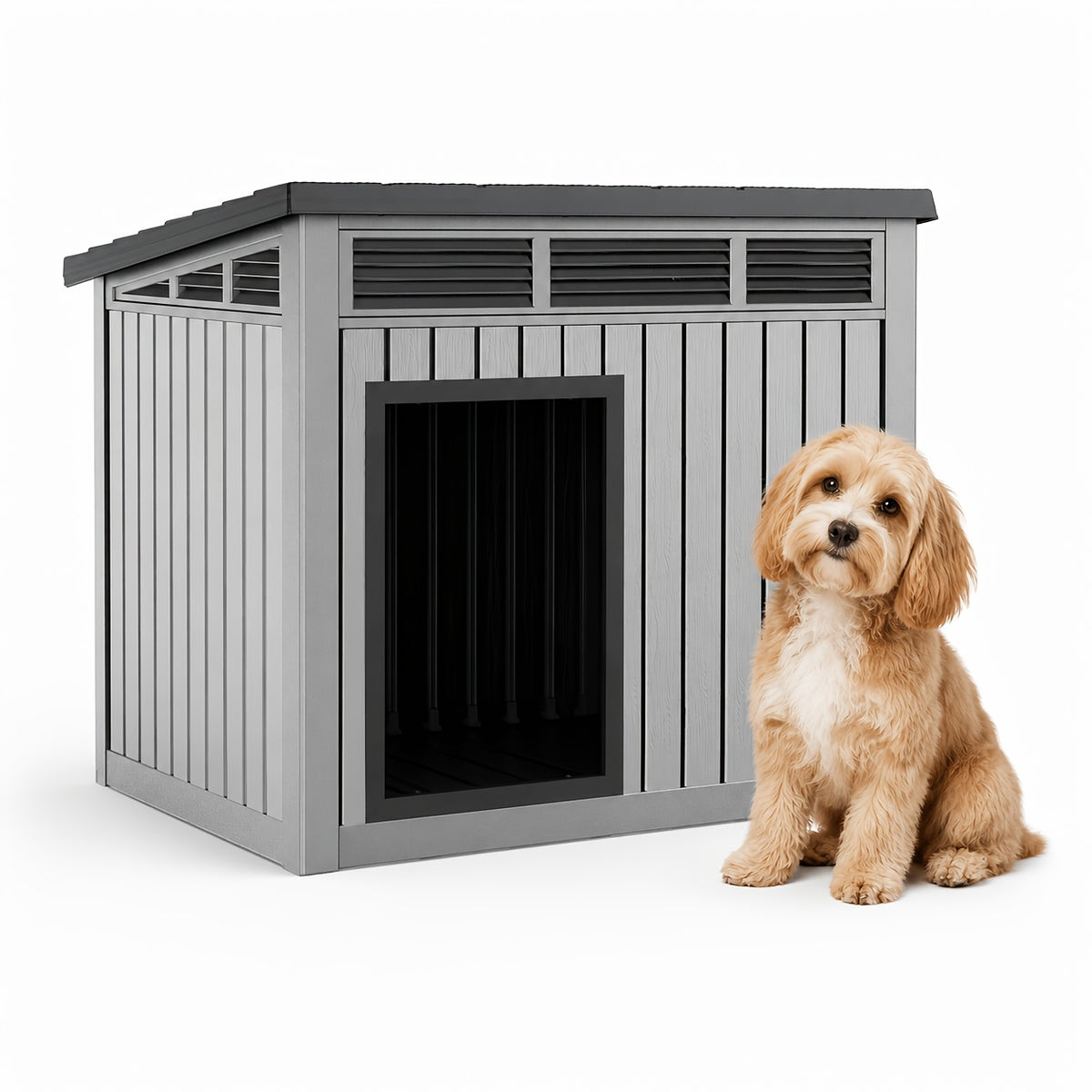 Resin Dog House 33 Inch with Slanted Roof and Ventilation Openings, UV-Resistant Outdoor Pet Shelter in Black or Grey for Backyard Rest