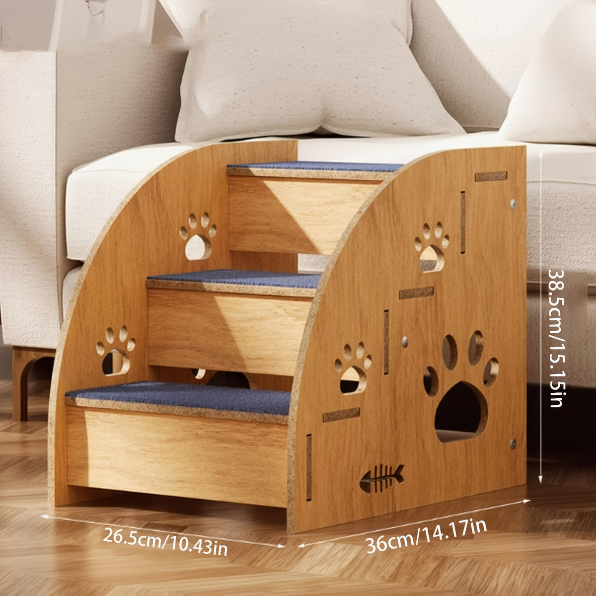 Wooden Pet Stairs with Paw Cutouts, 3-Tier Non-Slip Dog and Cat Steps for Suitable Bed and Sofa Heights, Indoor Furniture Access Ladder for Home Use