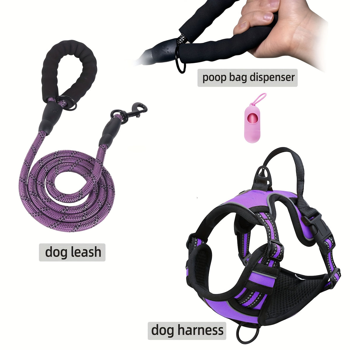 Dog Harness Set 3-in-1 with Reflective Walking Vest, Leash and Poop Bag Holder, Everyday Outdoor Walking Gear in Seven Colors with S to XL Size Options