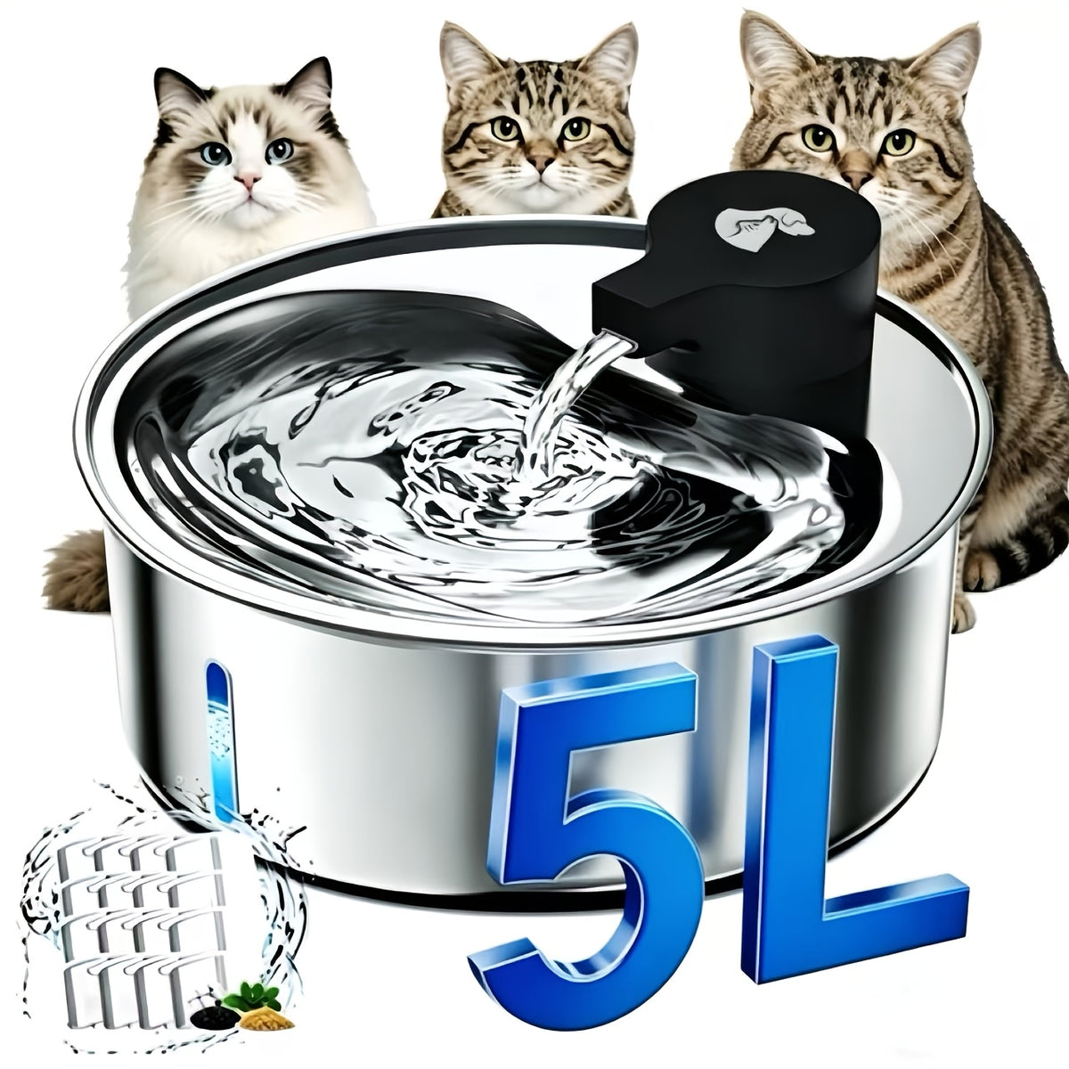 5L Stainless Steel Cat Water Fountain with Water Level Window and Red Blue LED Indicators, Quiet Pet Drinking Dispenser for Dogs and Cats with 2, 5 or 8 Filters