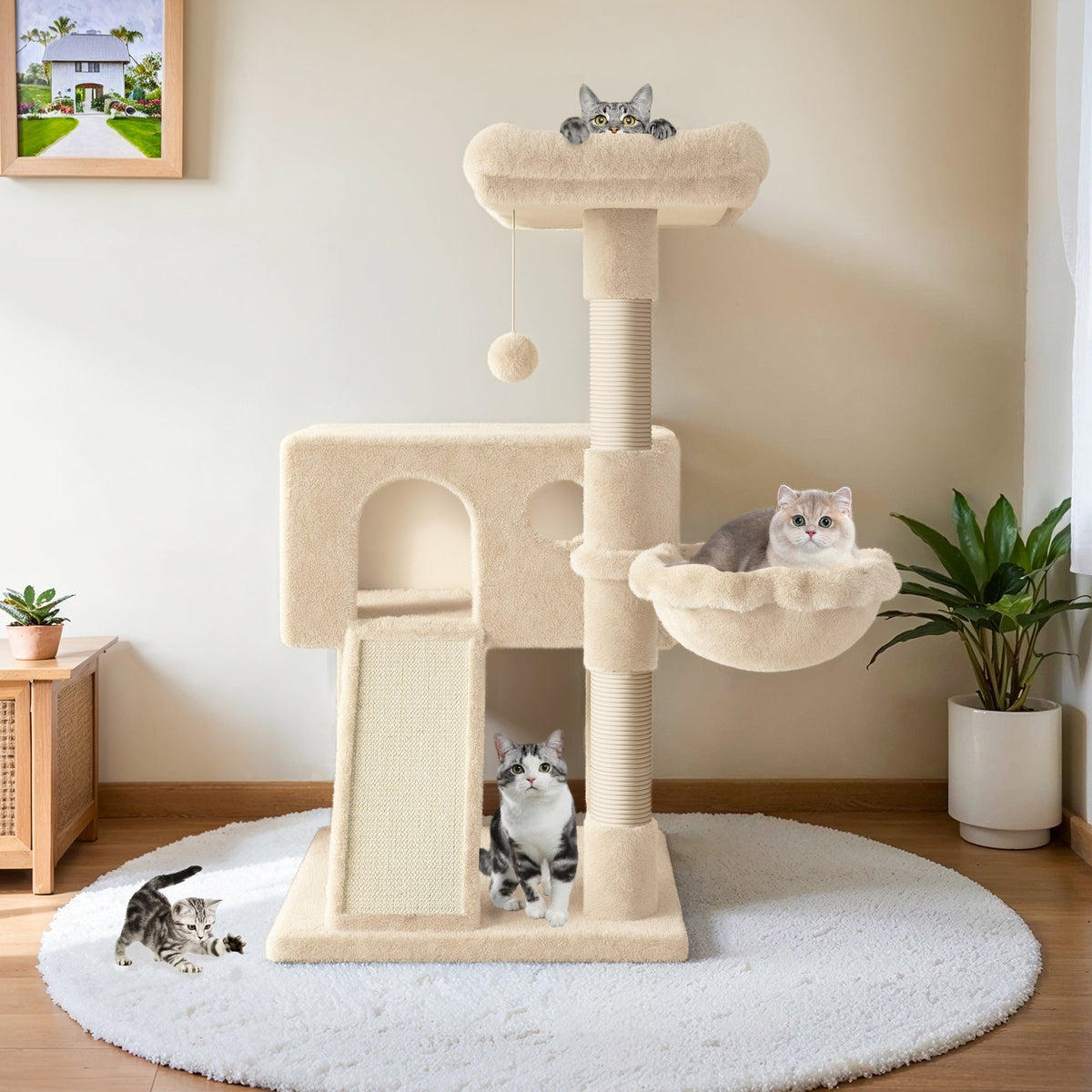Cat Tree with Sisal Scratching Board, 36 Inch Multi-Level Indoor Cat Condo with Cozy Hammock, Padded Plush Perch and Scratching Posts for Kittens