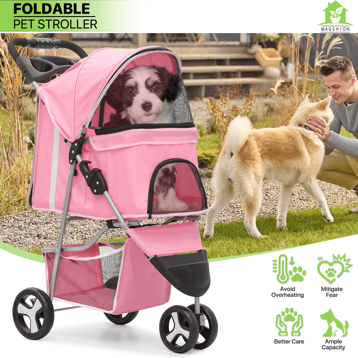 Pet Stroller with Storage Basket and Cup Holder, Magshion Three-Wheel Foldable Pushchair for Small and Medium Dogs and Cats, 14 Color and Pattern Options