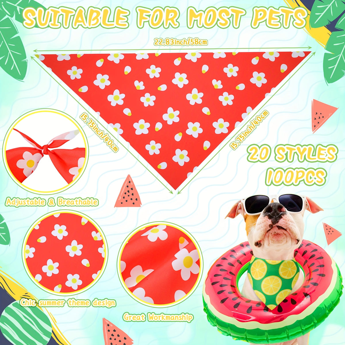 Summer Dog Bandanas 100-Pack with Flower and Lemon Themes, Adjustable Triangle Pet Scarves for Small and Medium Dogs, Puppies and Cats
