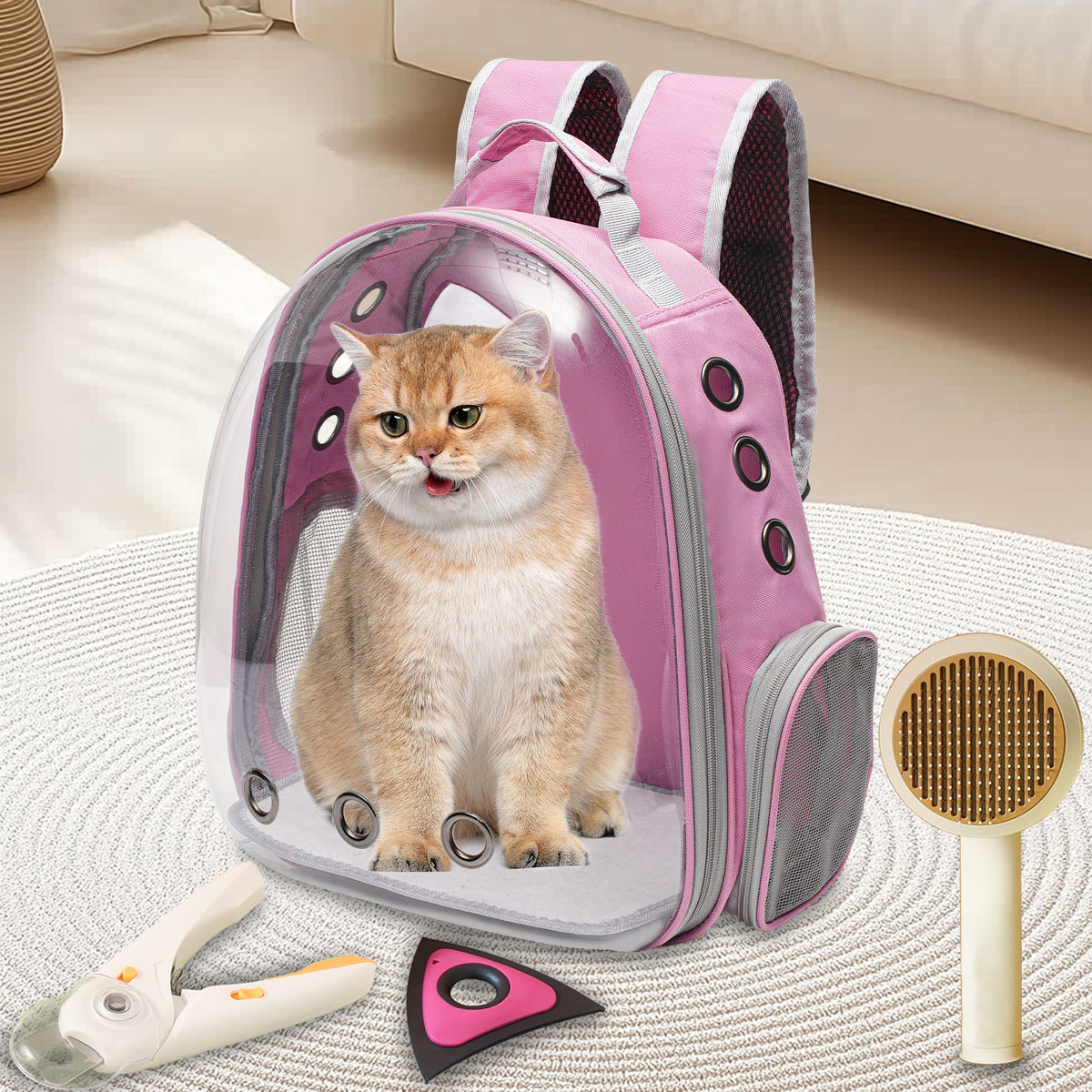 Ventilated Cat Backpack Carrier, Space Capsule Pet Travel Bag for Cats and Puppies, White or Peach One-Size Design for Outdoor Outings