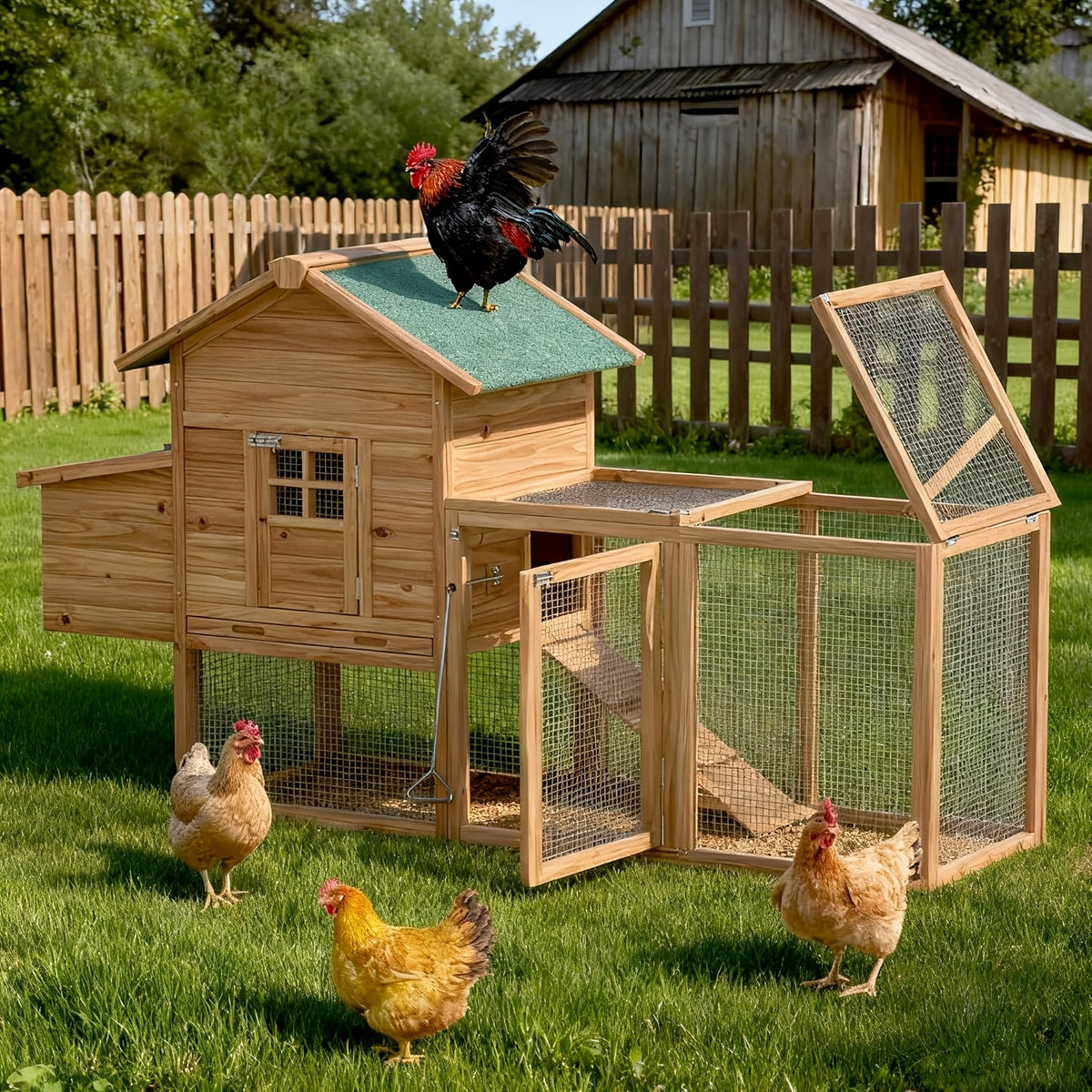 Wooden Chicken Coop with Run and Nesting Box, Raised Backyard Hen House with Access Ramp, Removable Cleaning Tray and Optional Wheeled Models