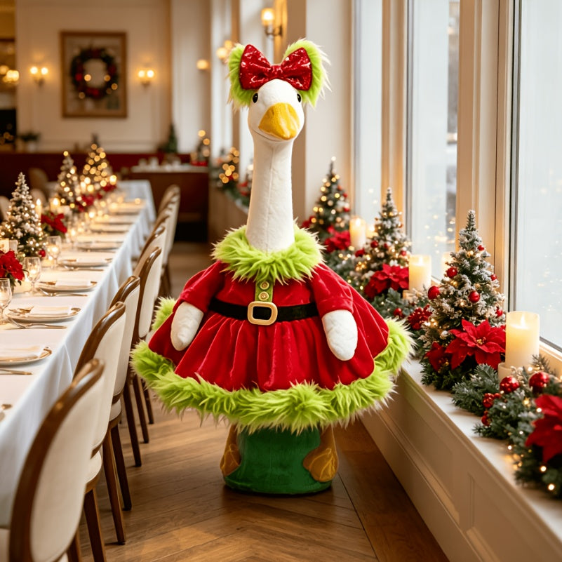 Christmas Porch Goose Outfit for 23-Inch Decorative Displays, Red Holiday Dress with Sequin Bow and Green Plush Trim for Entryway and Courtyard Decor