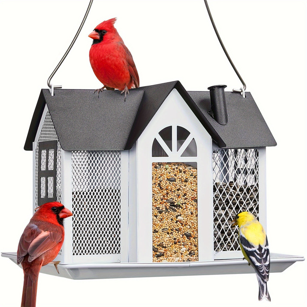 Outdoor Bird Feeder House with Triple Feeding Areas, Metal Mesh Wild Bird Seed Feeder for Finches, Cardinals and Chickadees, Five Color Options