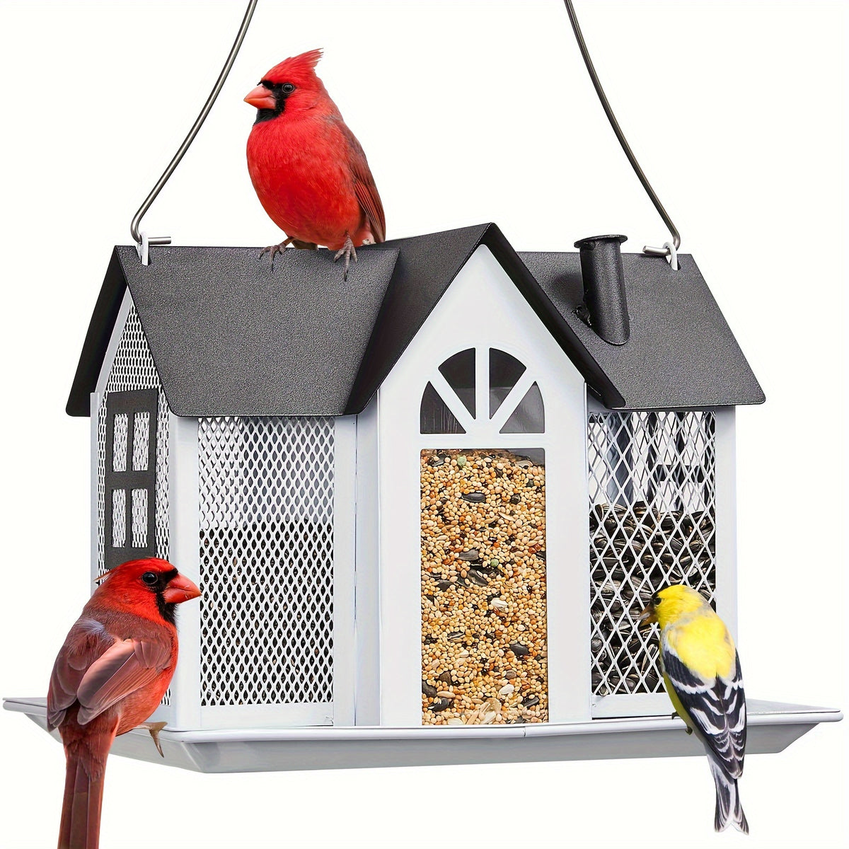 Outdoor Bird Feeder House with Triple Feeding Areas, Metal Mesh Wild Bird Seed Feeder for Finches, Cardinals and Chickadees, Five Color Options