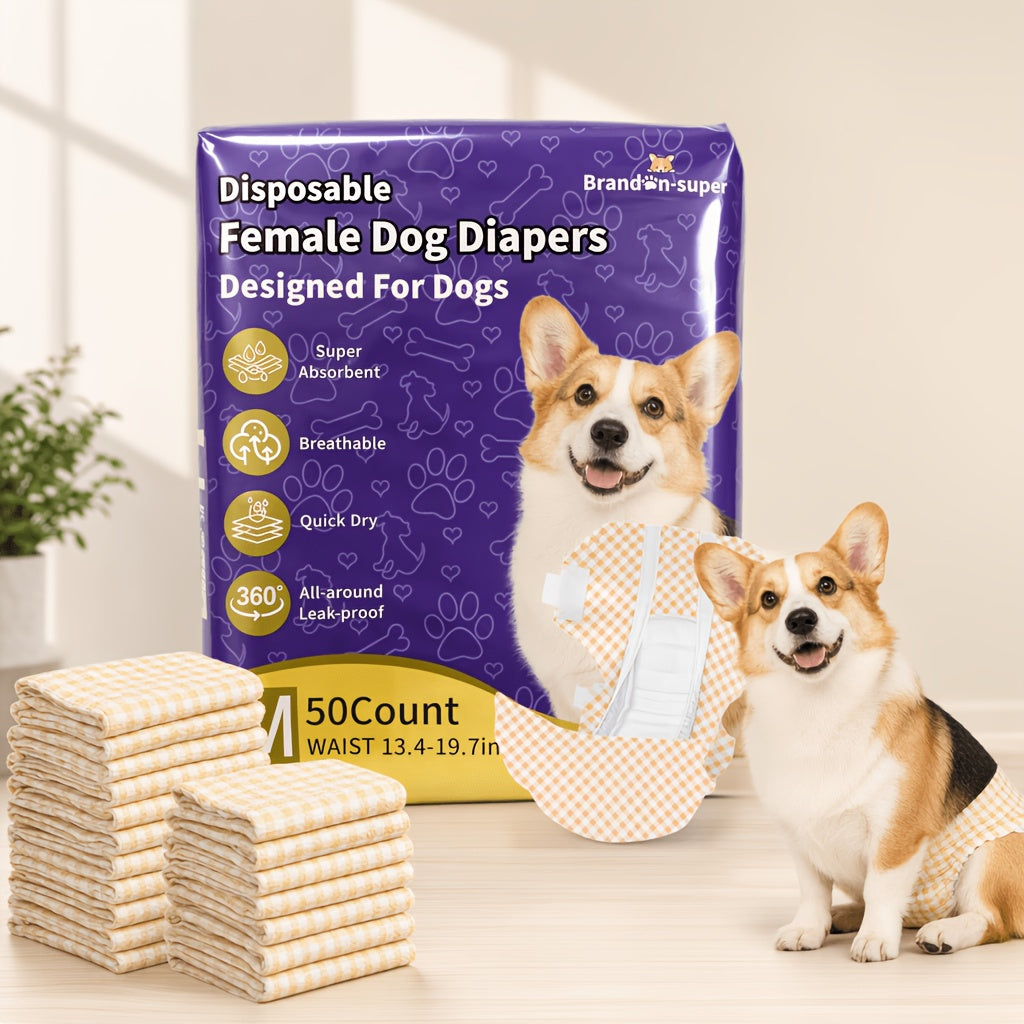 Dog Diapers for Male or Female Dogs, 50 Disposable Absorbent Pet Nappies in XS S M L for Puppy and Senior Dog Indoor Accident Care