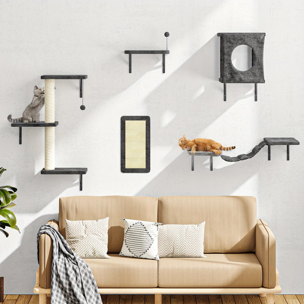 5-Piece Cat Wall Shelves Set with House, Bridge Hammock, Scratching Post and Pad, Wall-Mounted Indoor Climbing Furniture in Grey or Beige