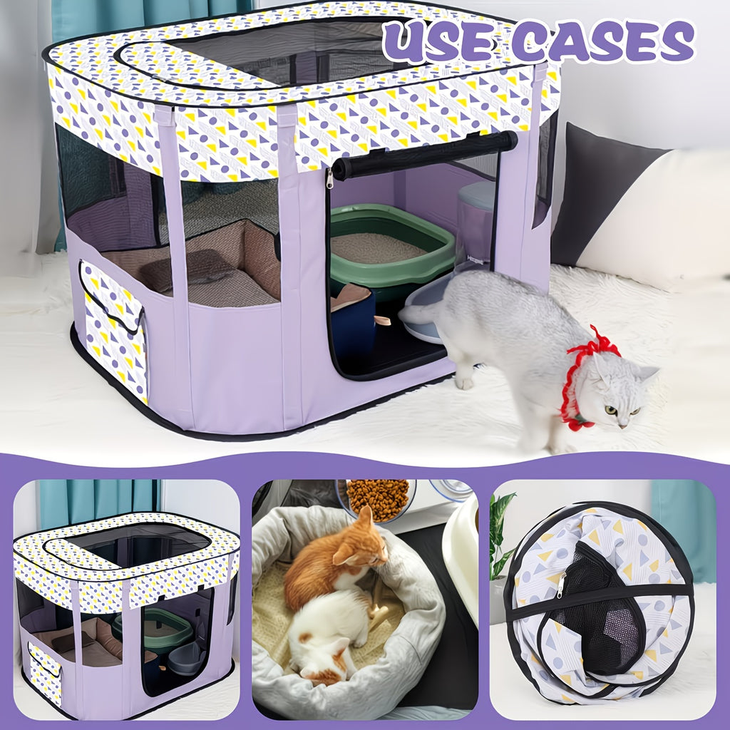 Rectangular Pet Playpen for Dogs and Cats, Purple Foldable Mesh Tent with Zipper Door for Puppies, Kittens, Indoor Rest and Travel