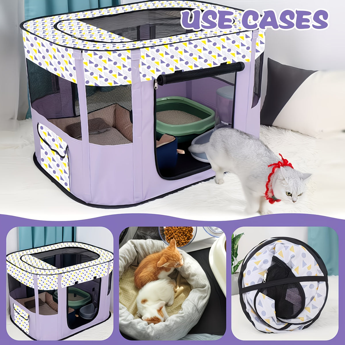 Rectangular Pet Playpen for Dogs and Cats, Purple Foldable Mesh Tent with Zipper Door for Puppies, Kittens, Indoor Rest and Travel