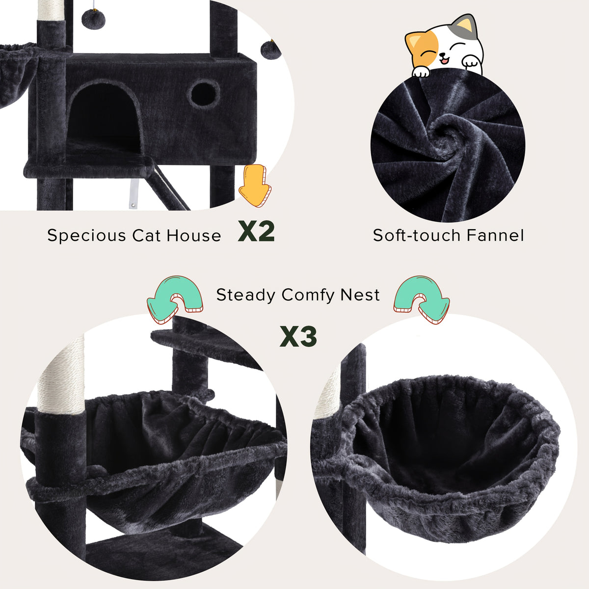 Cat Tree 81 Inch with Hanging Hammock and Basket, Multi-Level Indoor Cat Tower with Plush Condo, Elevated Perches and Sisal Scratching Posts