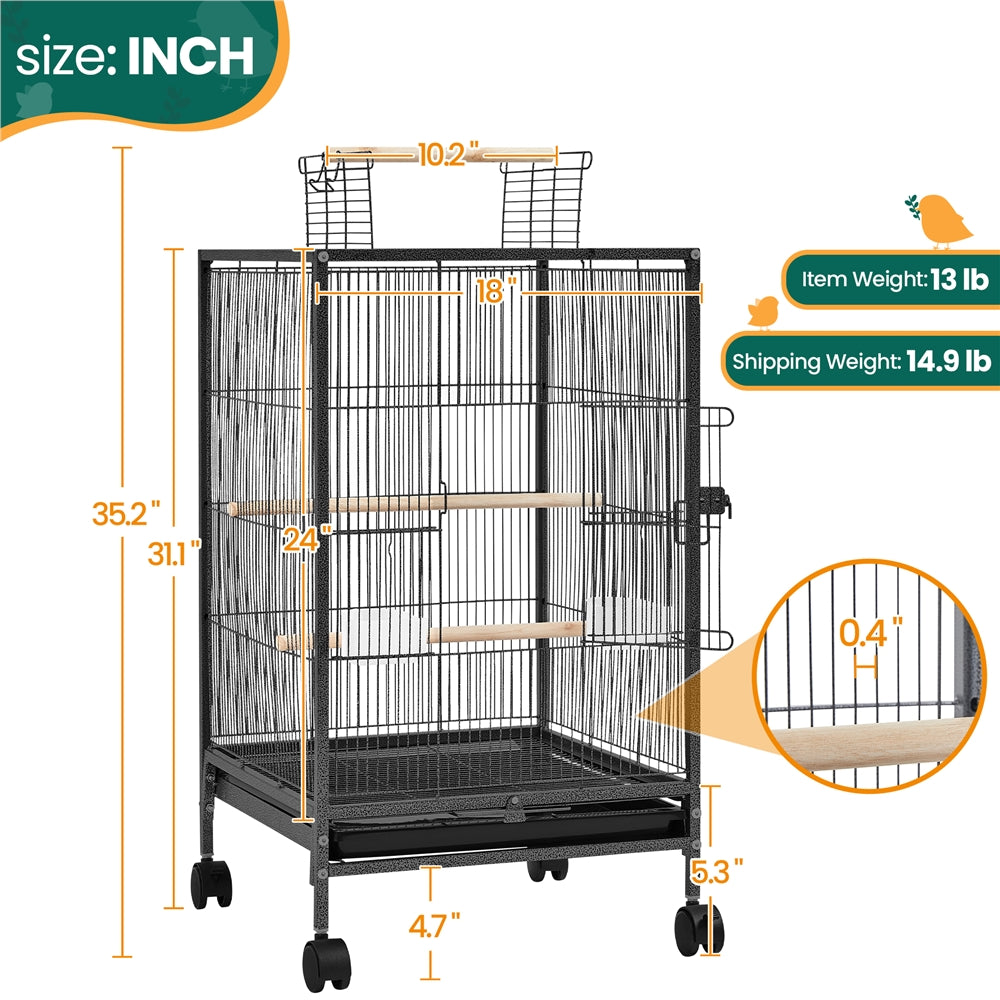 Bird Cage with Rolling Stand, 31-Inch Black Wrought Iron Open-Top Small Bird Habitat with Two Feeders, Three Perches and Slide-Out Tray