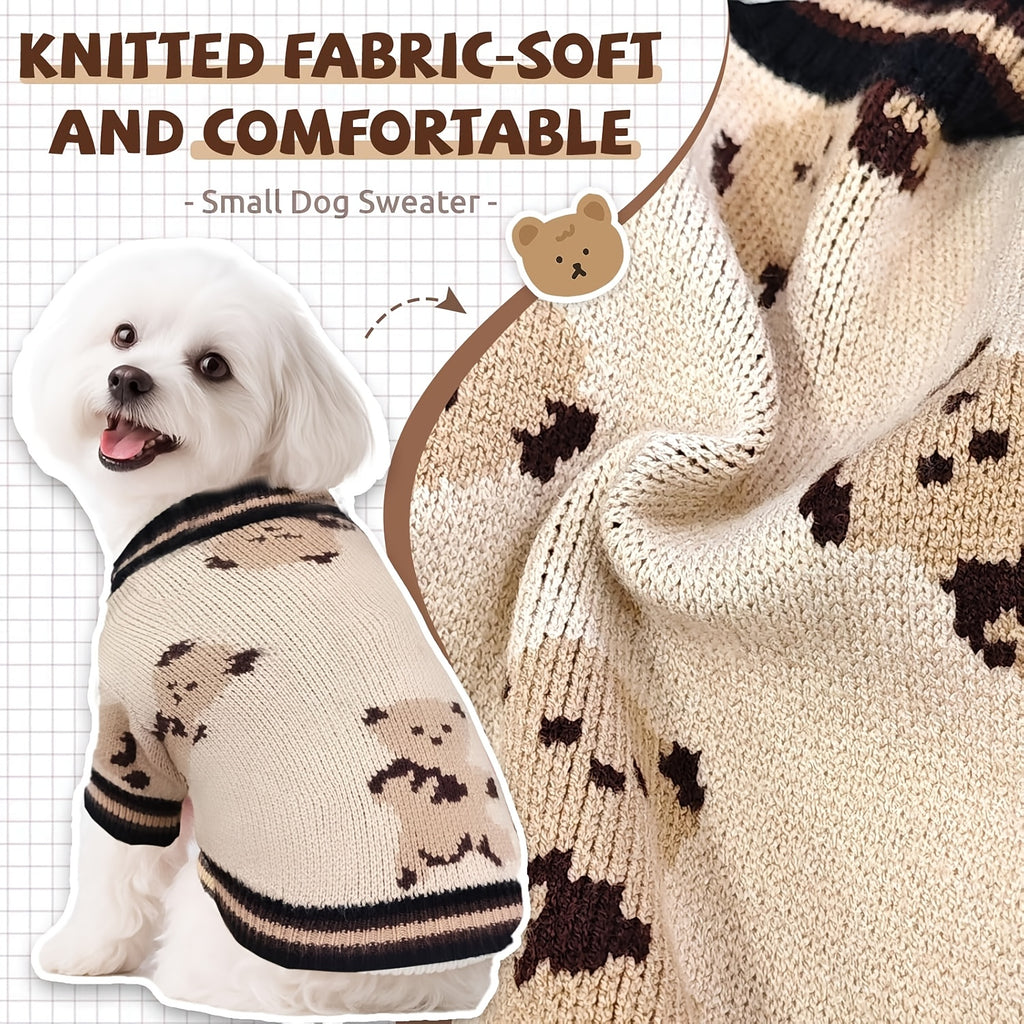 Bear Print Dog Cardigan Sweater with Button Closure, Beige Knit Pet Outfit with Contrast Ribbed Trim and Short Sleeves in M, L and XL Sizes