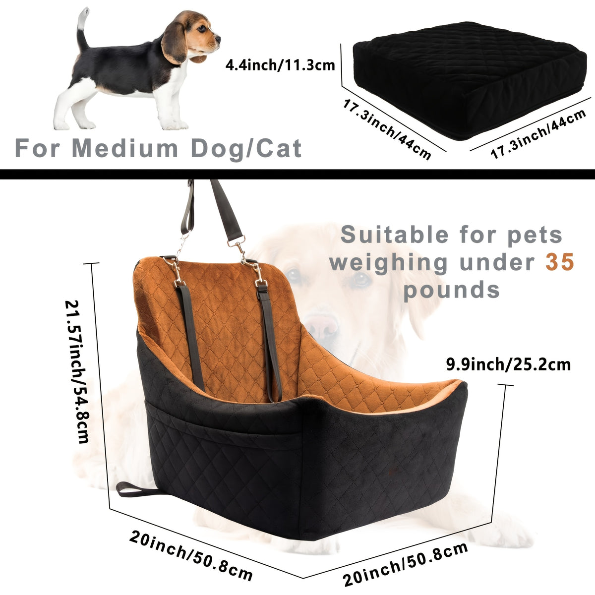 Dog Car Seat with Seat Belt Pass-Through, Memory Foam Pet Travel Bed with Removable Washable Design and Adjustable Straps in Medium and Large Options