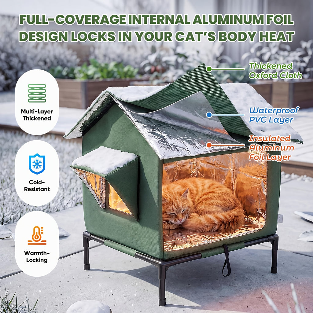 Insulated Outdoor Cat House, Weatherproof Shelter for Stray & Feral Cats, Army Green 17.7 x 15.7 x 21.6 in for Yard, Porch & Garage
