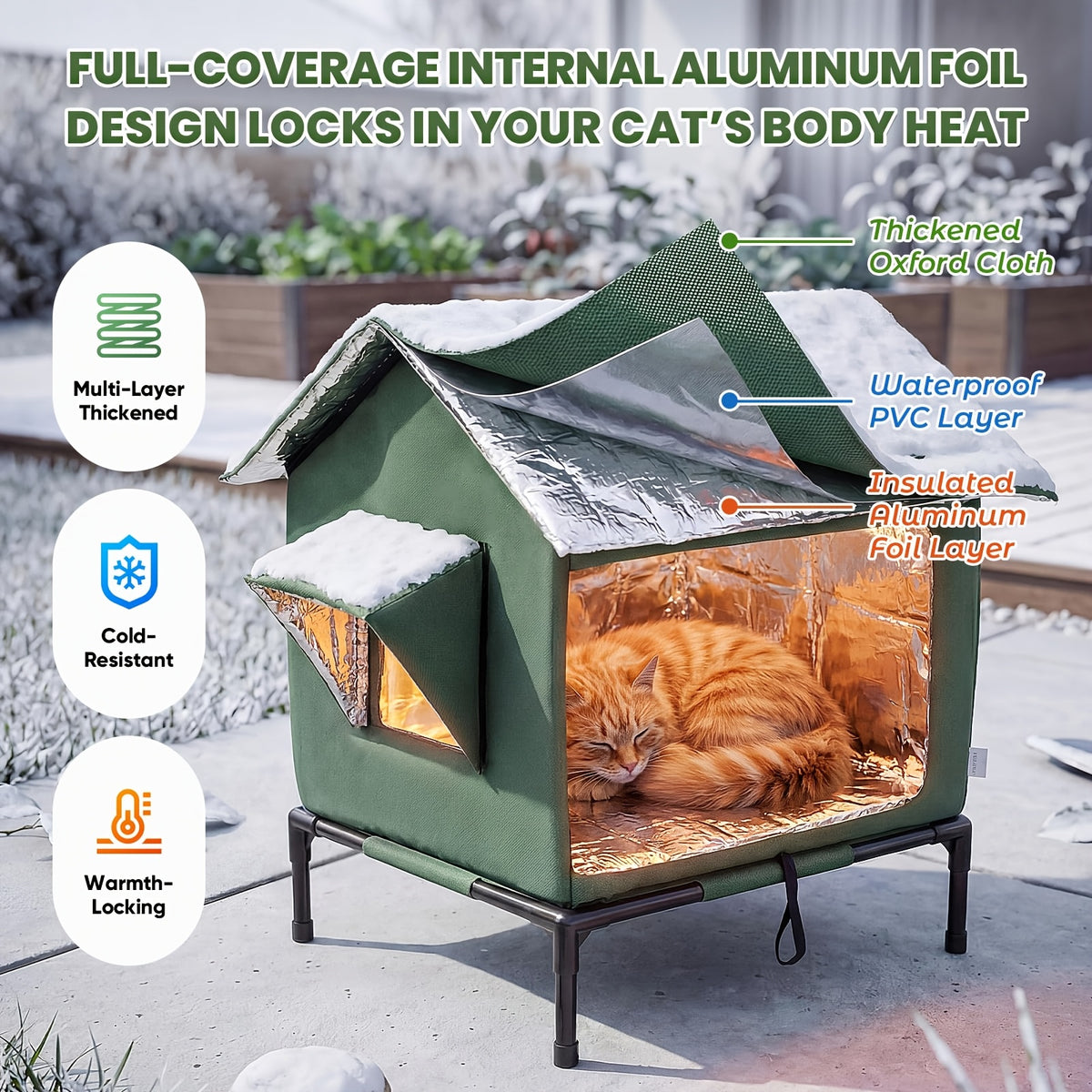 Insulated Outdoor Cat House, Weatherproof Shelter for Stray & Feral Cats, Army Green 17.7 x 15.7 x 21.6 in for Yard, Porch & Garage