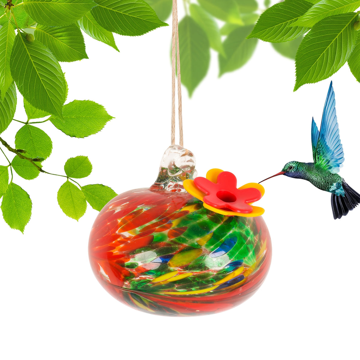 Hanging Glass Hummingbird Feeder with Flower Port, Colorful Round Nectar Ornament for Garden, Patio and Terrace Decor, Bird Lover Gift