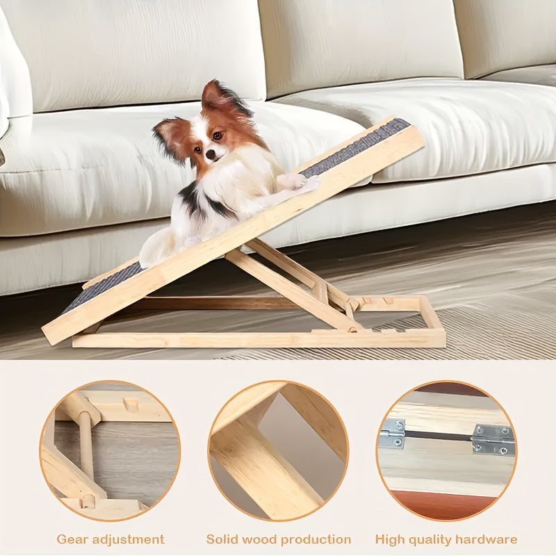 Adjustable Wooden Dog Ramp for Couch and Bed Access, Folding Pet Ramp with Textured Walking Surface for Dogs and Cats, S and L Options