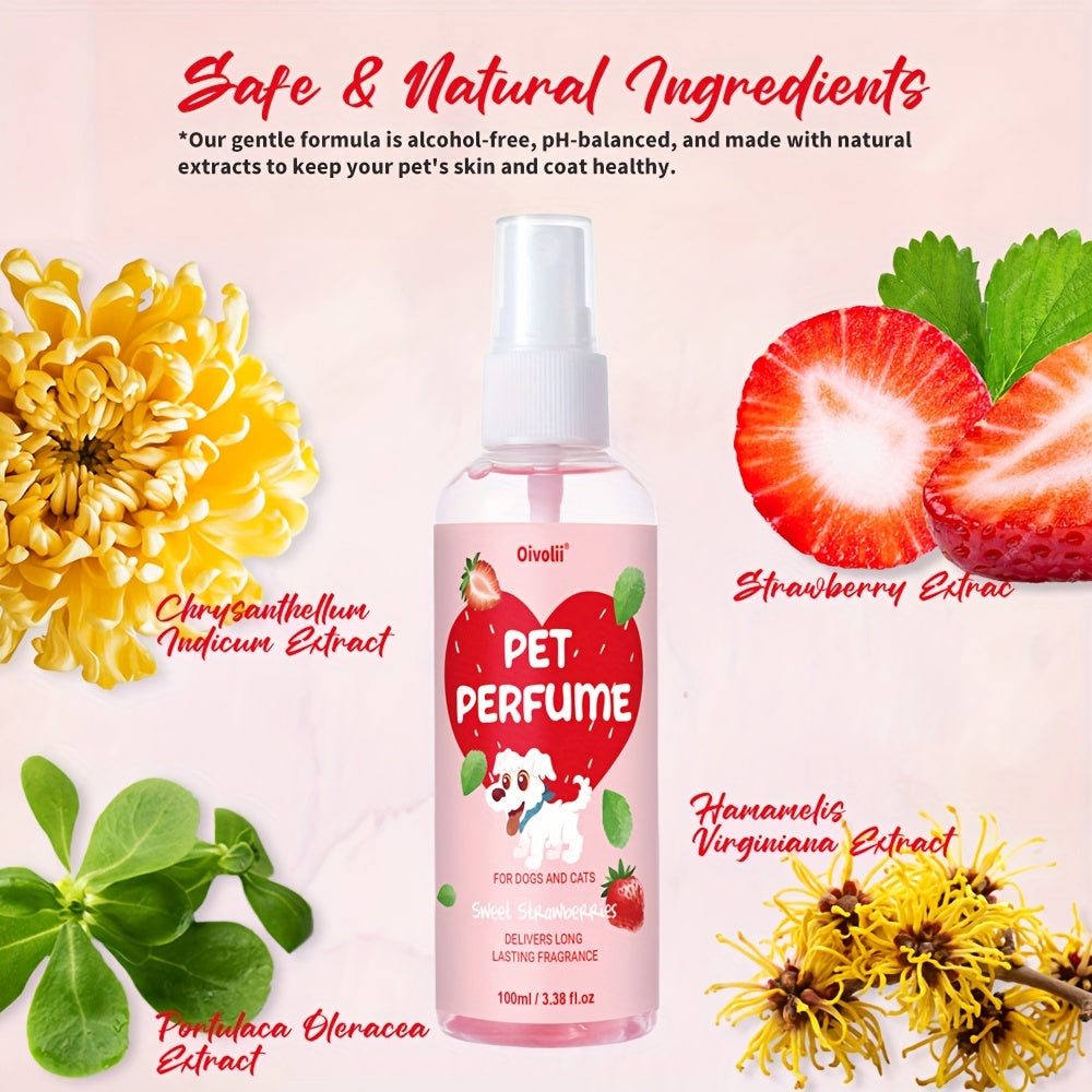 Dog Perfume Spray with Sweet Strawberry Scent, 100ml Pet Cologne and Deodorizing Mist for Label-Directed Coat and Bedding Freshening