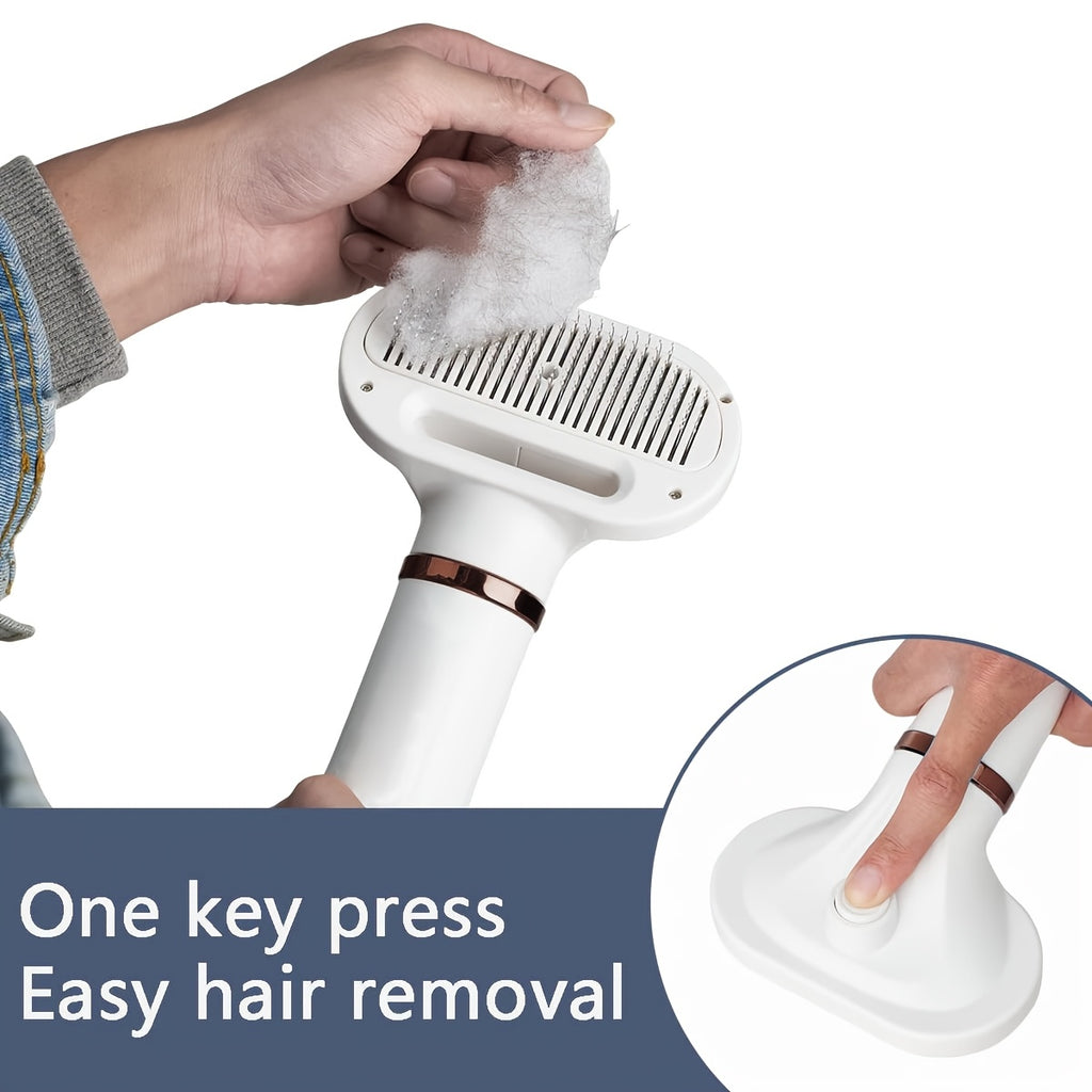Dog Hair Dryer Brush 2-in-1 with One-Button Hair Removal, Corded Pet Grooming Slicker with 3 Heat Settings for Dogs and Cats, Gold Trim