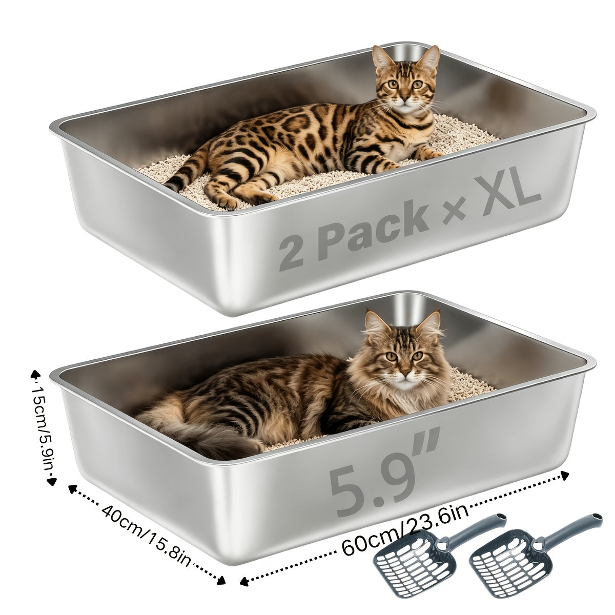 Stainless Steel Cat Litter Box Twin Set, 2-Pack Easy-Clean Metal Litter Pans with 2 Scoops and Non-Slip Bottom Pads, Three Size Options