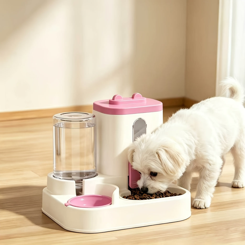 Automatic Pet Feeder 2-in-1 for Cats and Dogs, Non-Electric Space-Saving Feeding Station for Daily Pet Care in Pink, Grey or Light Yellow