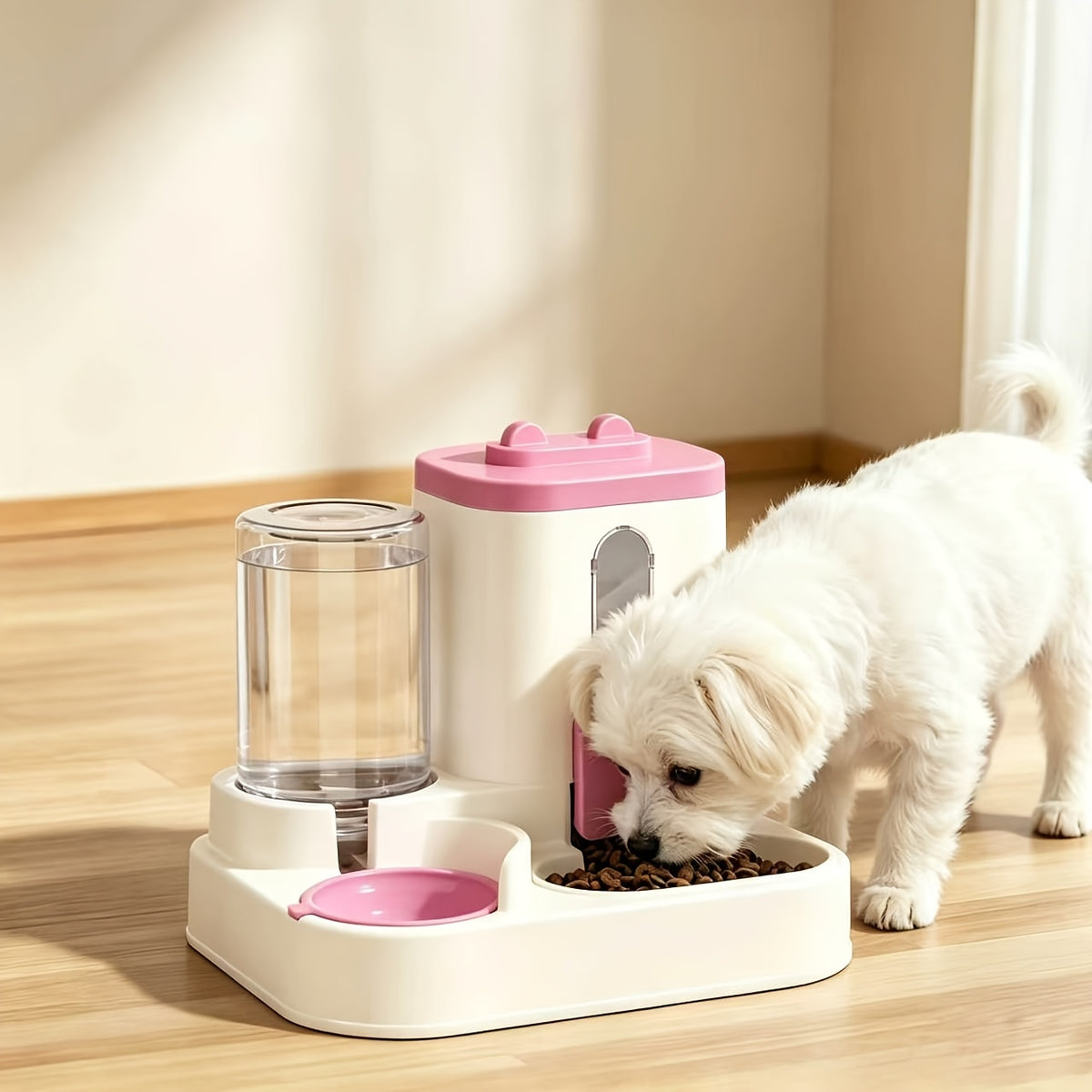 Automatic Pet Feeder 2-in-1 for Cats and Dogs, Non-Electric Space-Saving Feeding Station for Daily Pet Care in Pink, Grey or Light Yellow