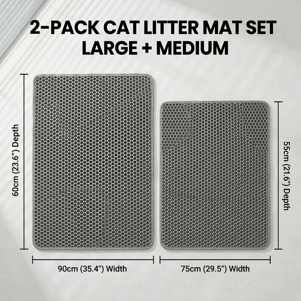 Cat Litter Mat Set of 2, Double-Layer Honeycomb Litter Catchers for Multi-Cat Homes, Washable Scatter Control Mats in XXL Pair or L and M Combo