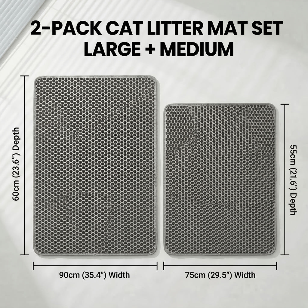 Cat Litter Mat Set of 2, Double-Layer Honeycomb Litter Catchers for Multi-Cat Homes, Washable Scatter Control Mats in XXL Pair or L and M Combo