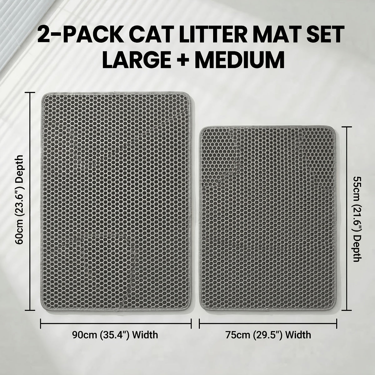 Cat Litter Mat Set of 2, Double-Layer Honeycomb Litter Catchers for Multi-Cat Homes, Washable Scatter Control Mats in XXL Pair or L and M Combo