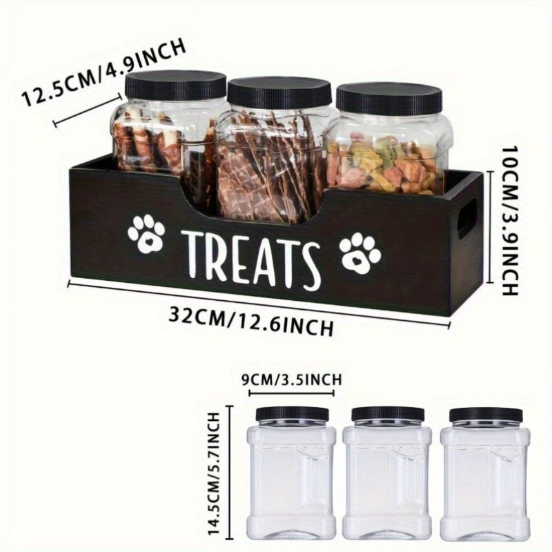 Pet Treat Jar Organizer with Paw Print Pattern, Farmhouse Countertop Holder for 3 Jars, Faux Wood Look in Black or White for Dog Owners