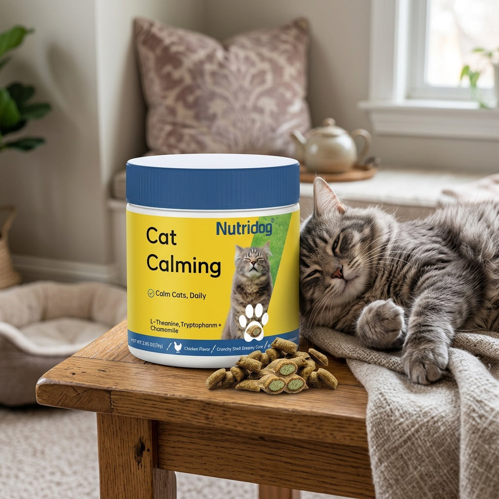 Cat Calming Treats, 150 Count Chicken Flavor Dual-Texture Chews with L-Theanine, Tryptophan and Chamomile, 75g Feline Supplement