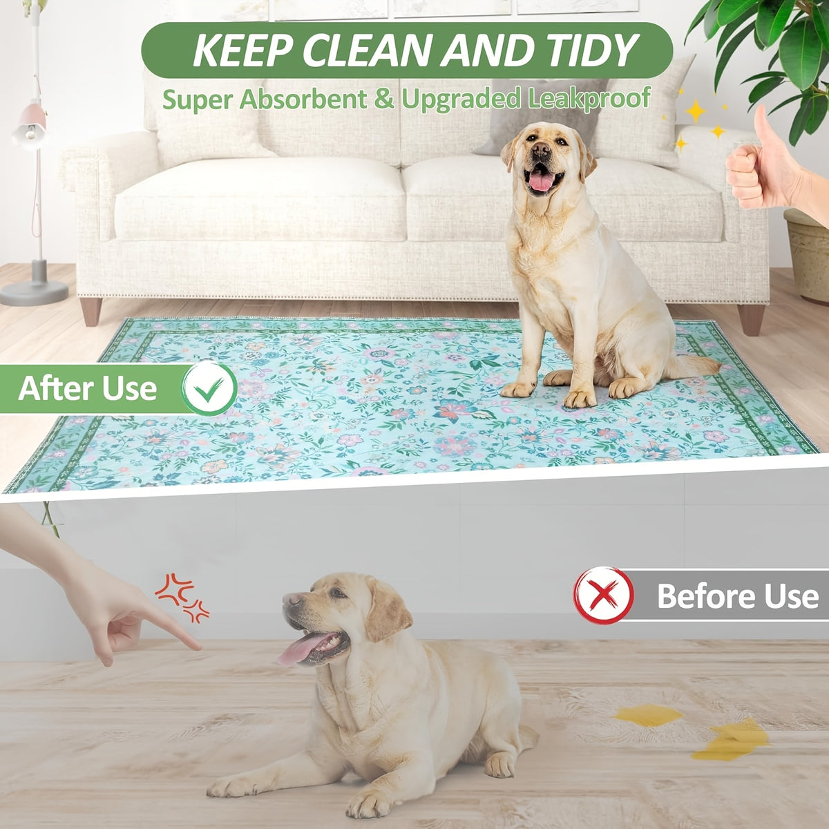 Washable Dog Pee Pads with Floral Print, 2 Pack Reusable Non-Slip Leakproof Puppy Potty Training Mats for Crates and Floors in Three Sizes