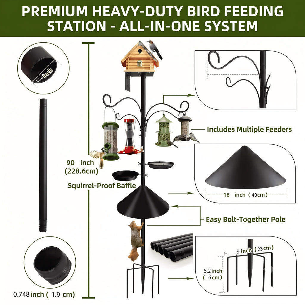 Bird Feeder Pole with Squirrel Baffle, 92-Inch Listed Garden Feeding Station Stand with Adjustable Shepherd Hooks and Metal Trays, Birdhouse Not Included