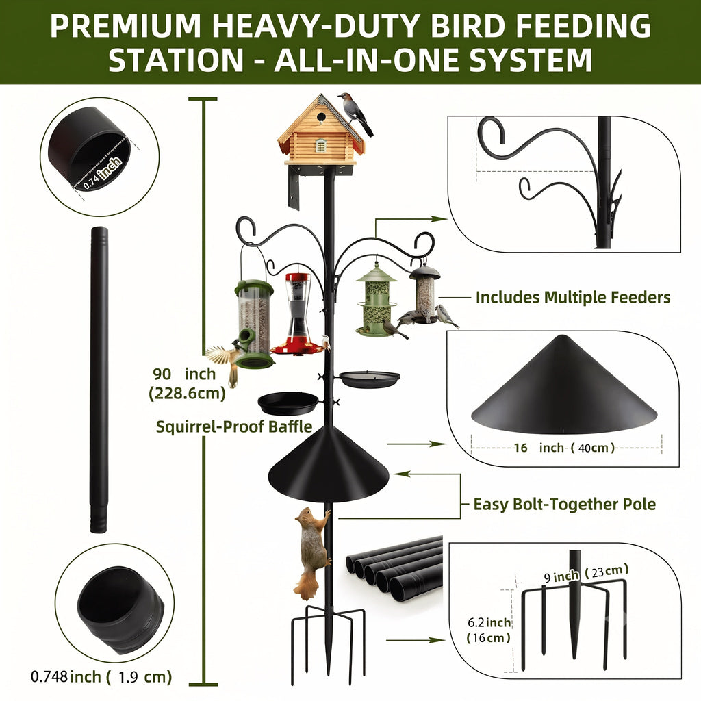 Bird Feeder Pole with Squirrel Baffle, 92-Inch Listed Garden Feeding Station Stand with Adjustable Shepherd Hooks and Metal Trays, Birdhouse Not Included