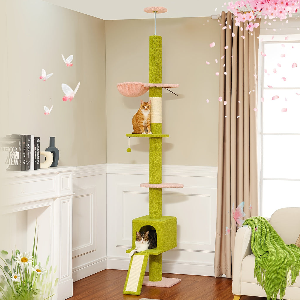 5-Tier Floor to Ceiling Cat Tree, 83–108 Inch Adjustable Indoor Cat Tower with Condo, Hammock, Scratching Post and Ladder in Seven Color Options