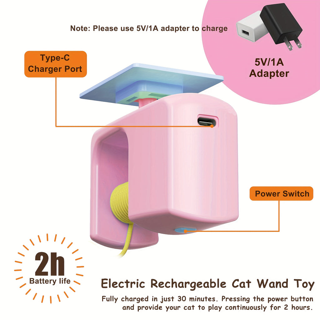 Automatic Hanging Cat Toy with Touch-Activated Retractable Tail, Blue Door or Wall Play Toy with Two Replacement Tails for Supervised Indoor Fun
