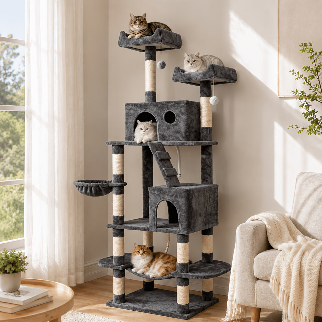 Cat Tree with Wide Base, 52.5 to 70 Inch Multi-Level Indoor Cat Tower with Plush Condo, Hammock and Sisal Scratching Posts for Climbing and Rest