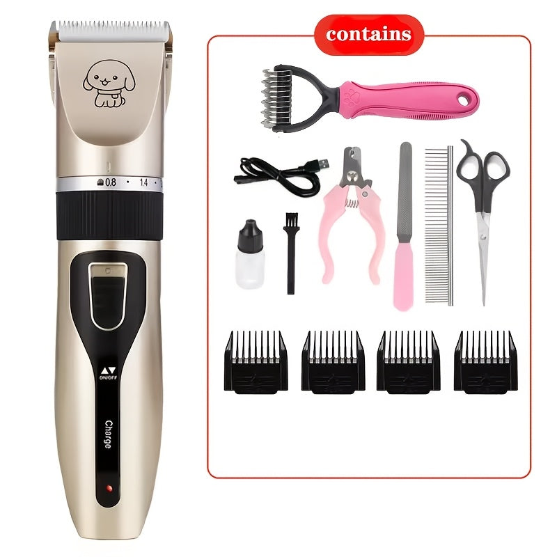 Electric Dog Grooming Clippers, Low-Noise USB Rechargeable Pet Hair Trimmer for Dogs and Cats, Golden or Red with 12-Piece Set Options